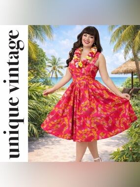 Unique Vintage 1950s Red & Pink Tropical Floral Swing Dress, Large, NWT!